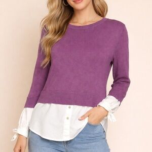 New York & Co Women's Purple Round Neck Sweater with White Shirt Hi/Lo Hem Sz S